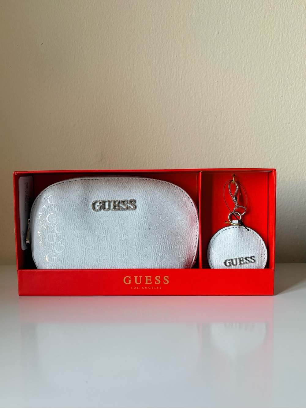 GUESS Ice Blue Logo Cosmetic Bag & Coin Purse Keychain Gift Set NWT